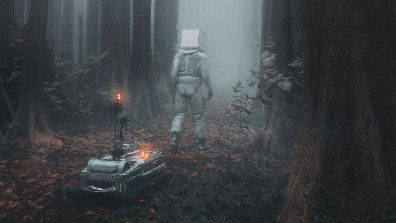 Обои человек, куб, робот, лес, туман, фэнтези, арт