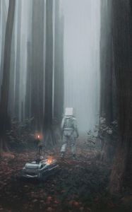 Превью обои человек, куб, робот, лес, туман, фэнтези, арт