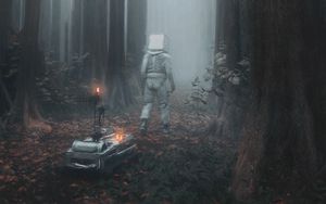 Превью обои человек, куб, робот, лес, туман, фэнтези, арт