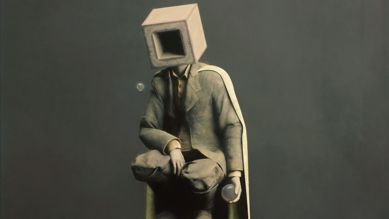 Обои человек, куб, шар, плащ, сюрреализм, арт