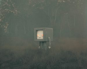 Превью обои человек, куб, трава, туман, арт