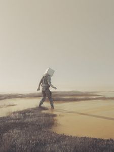 Превью обои человек, куб, трава, вода, арт