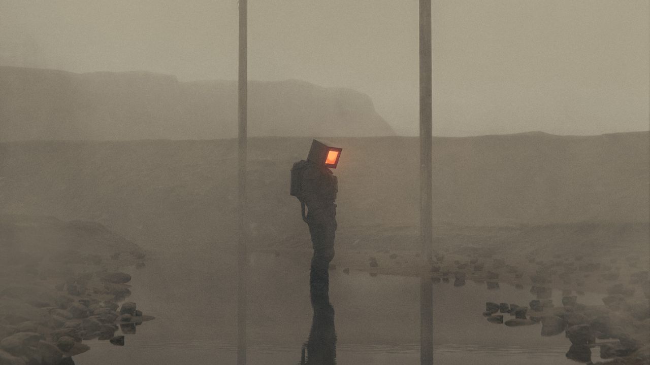 Обои человек, куб, туман, провода, столбы, арт