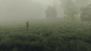 Превью обои человек, куб, туман, луг, арт
