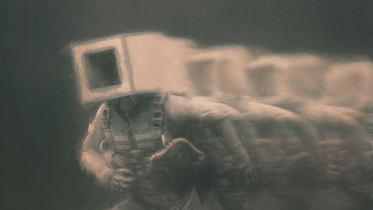 Обои человек, куб, туман, фэнтези, арт
