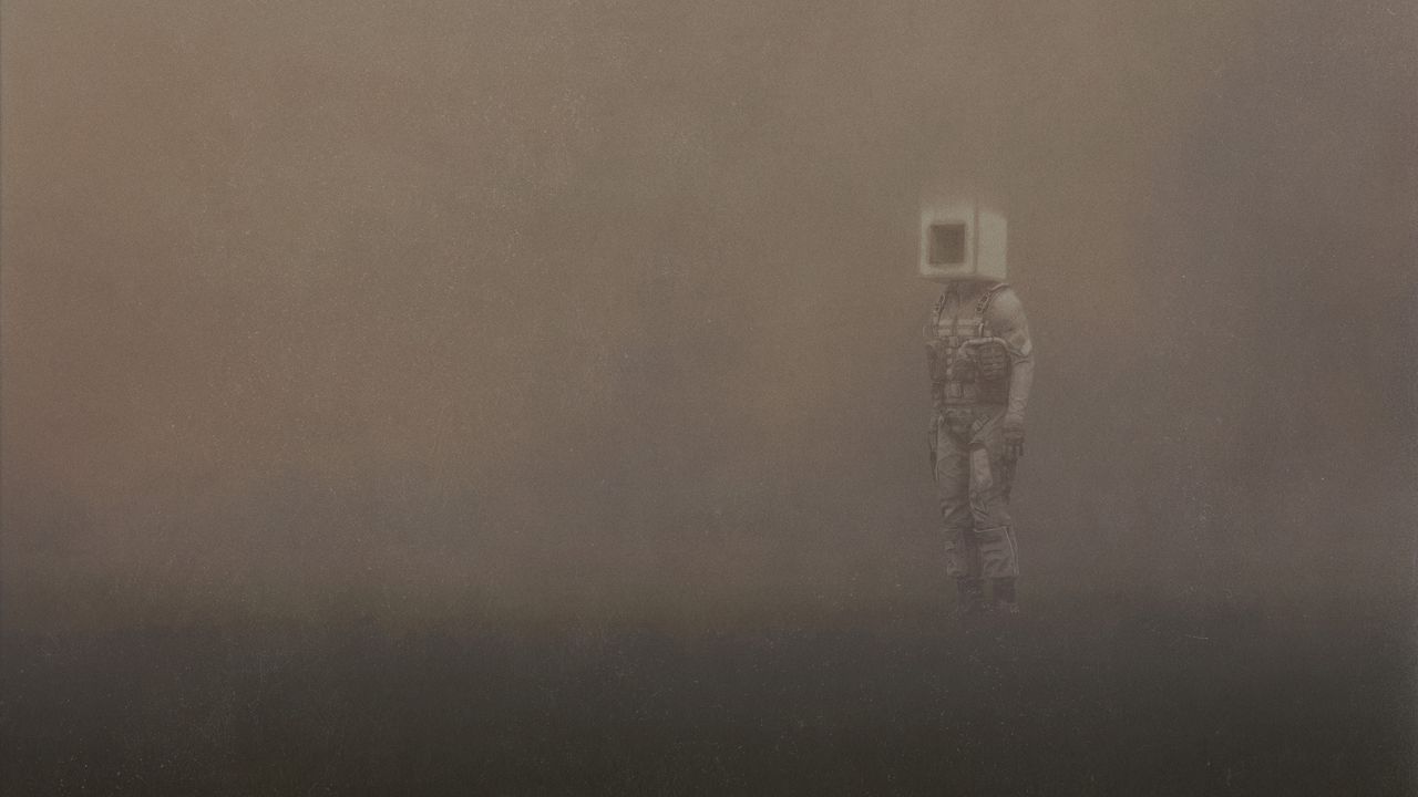 Обои человек, куб, туман, одиночество, арт, фэнтези