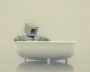 Превью обои человек, куб, ванна, сюрреализм, минимализм, арт
