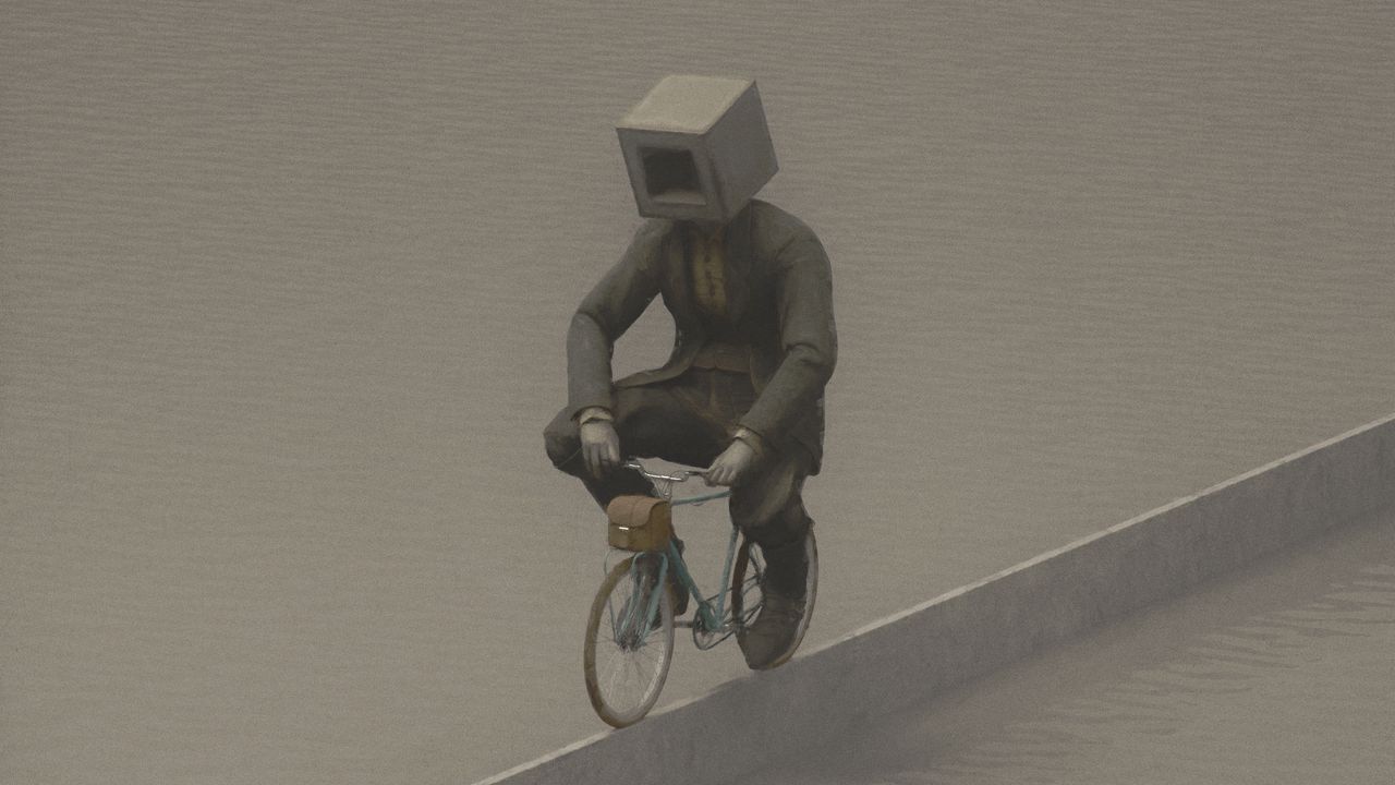 Обои человек, куб, велосипед, арт