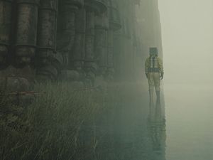 Превью обои человек, куб, вода, отражение, здание, арт