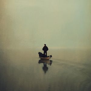 Превью обои человек, лодка, вода, одиночество, арт