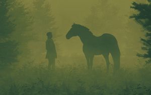 Превью обои человек, лошадь, силуэты, туман, арт