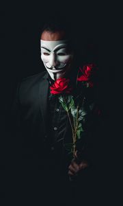 Превью обои человек, маска, аноним, розы, цветы, букет