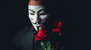 Превью обои человек, маска, аноним, розы, цветы, букет