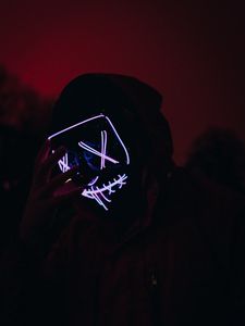 Превью обои человек, маска, неон, свечение, темный