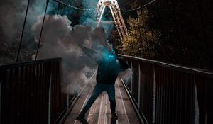 Превью обои человек, маска, неон, дым, мост