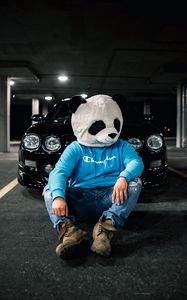 Превью обои человек, маска, панда, автомобиль