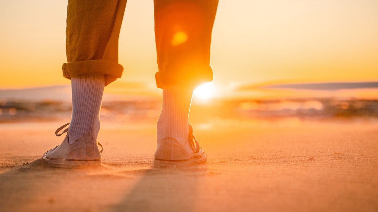 Обои человек, ноги, пляж, солнце, закат, блики