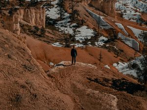 Превью обои человек, одиночество, каньон, скалы, снег