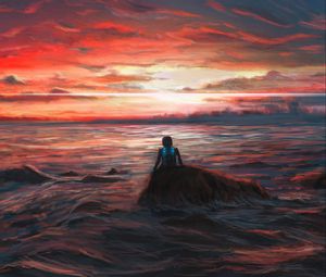 Превью обои человек, одиночество, море, закат, арт, темный