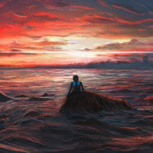 Превью обои человек, одиночество, море, закат, арт, темный