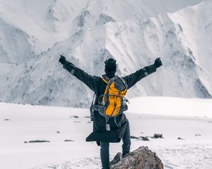 Превью обои человек, одиночество, свобода, жест, горы, снег, зима