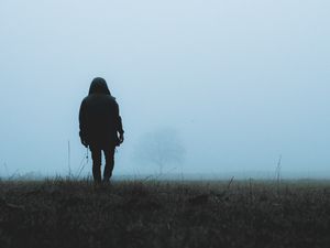 Превью обои человек, одиночество, туман, трава