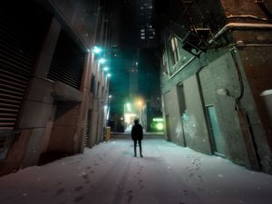 Превью обои человек, одиночество, здания, ночной город, снег
