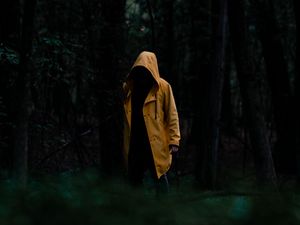 Превью обои человек, плащ, желтый, деревья, лес