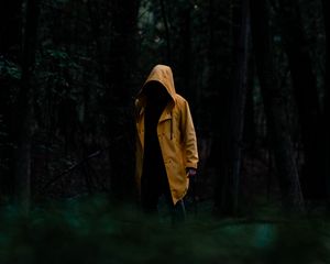 Превью обои человек, плащ, желтый, деревья, лес