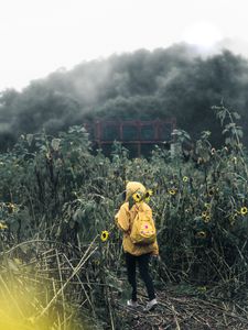 Превью обои человек, поле, цветы, рюкзак, облака, пасмурно