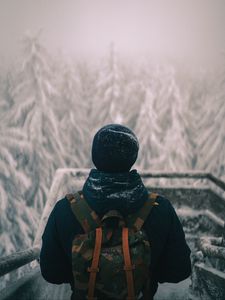 Превью обои человек, рюкзак, снег, зима, природа