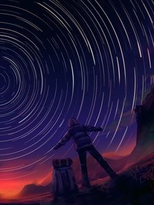 Превью обои человек, рюкзак, звездное небо, ночь, арт