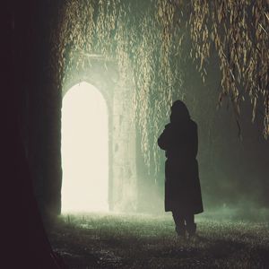 Превью обои человек, силуэт, арка, листья, арт, одиночество