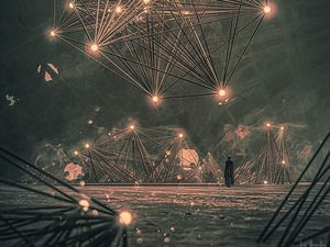 Превью обои человек, силуэт, конструкции, огни, свечение, арт
