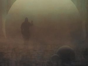 Превью обои человек, силуэт, шар, туман, арт