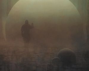 Превью обои человек, силуэт, шар, туман, арт