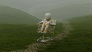 Превью обои человек, тележка, холмы, трава, туман, арт