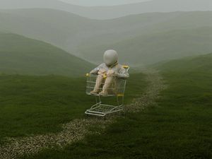 Превью обои человек, тележка, холмы, трава, туман, арт