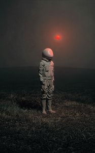 Превью обои человек, трава, шар, свечение, арт