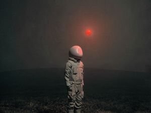 Превью обои человек, трава, шар, свечение, арт