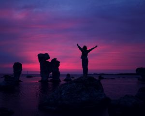 Превью обои человек, закат, скалы, море, счастье, свобода