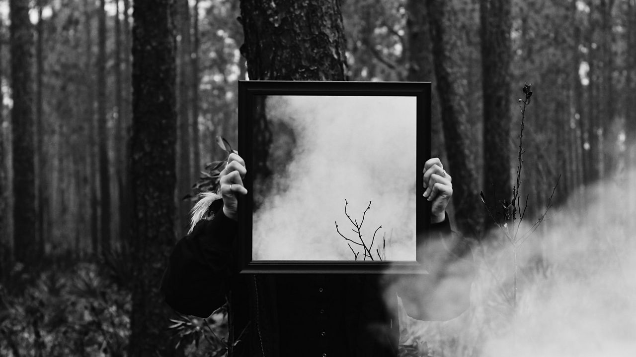 Обои человек, зеркало, дым, чб, лес