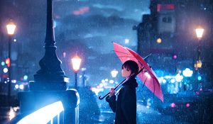Превью обои человек, зонт, дождь, фонарь, улица, ночь, осень, аниме
