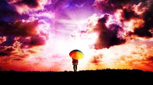 Превью обои человек, зонт, облака, разноцветный, фотошоп