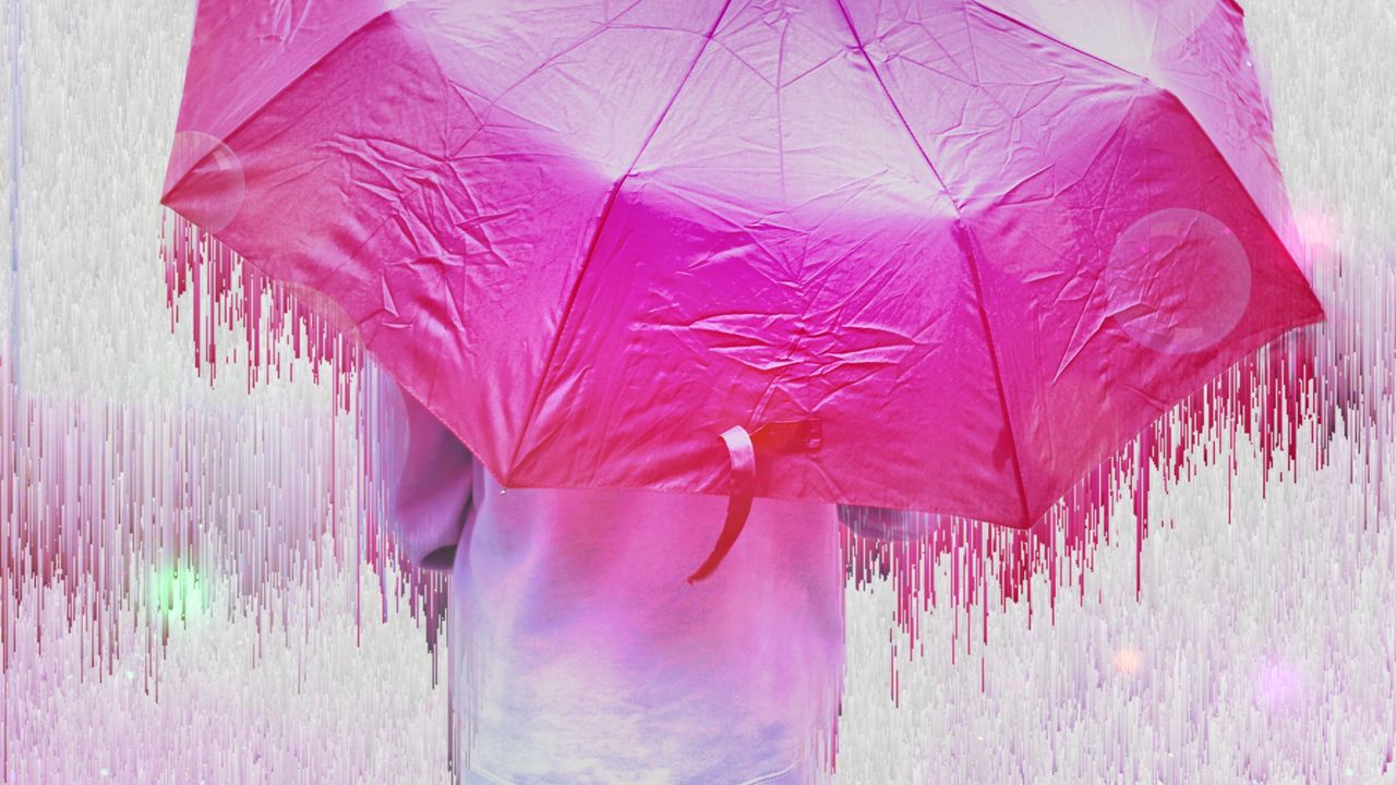 Обои человек, зонтик, глитч, полосы, потеки, розовый