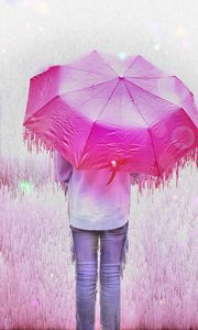 Превью обои человек, зонтик, глитч, полосы, потеки, розовый
