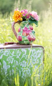 Превью обои чемодан, трава, цветы, ваза