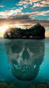 Превью обои череп, остров, мистический, таинственный, океан