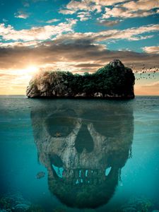 Превью обои череп, остров, мистический, таинственный, океан