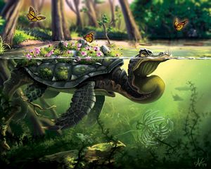 Превью обои черепаха, бабочки, арт, вода